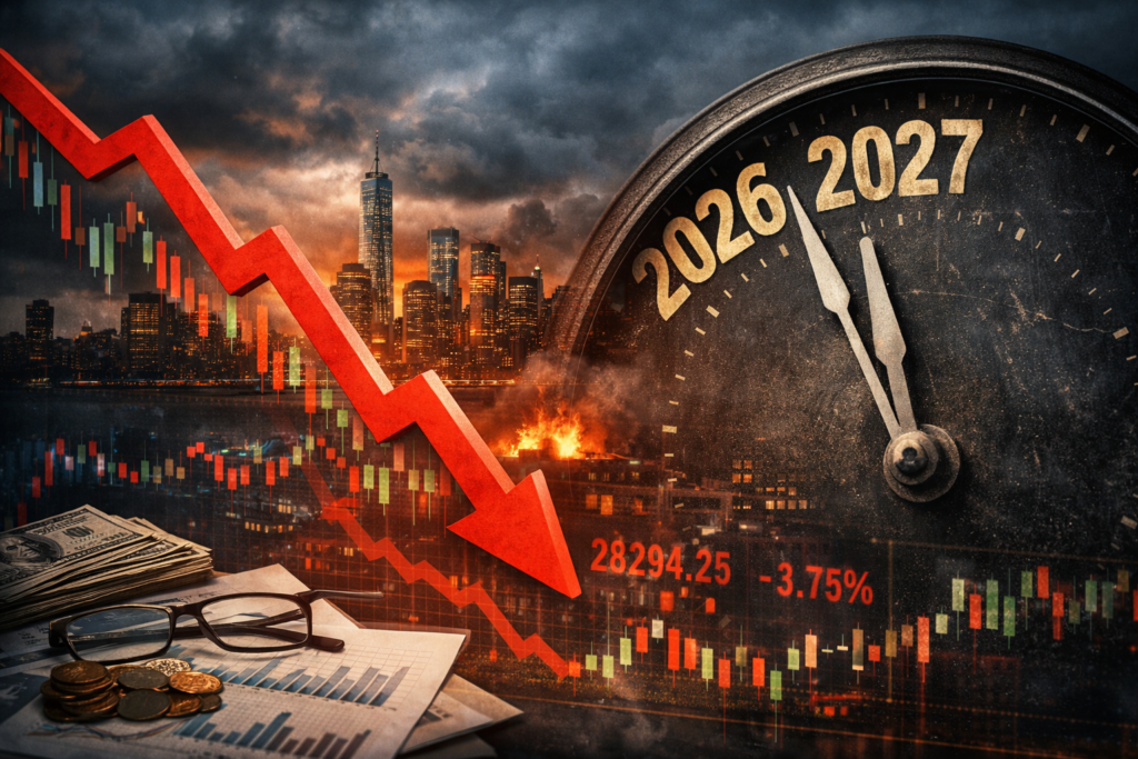 Global market downturn risk 2026–2027 illustrated by falling charts and economic stress signals.